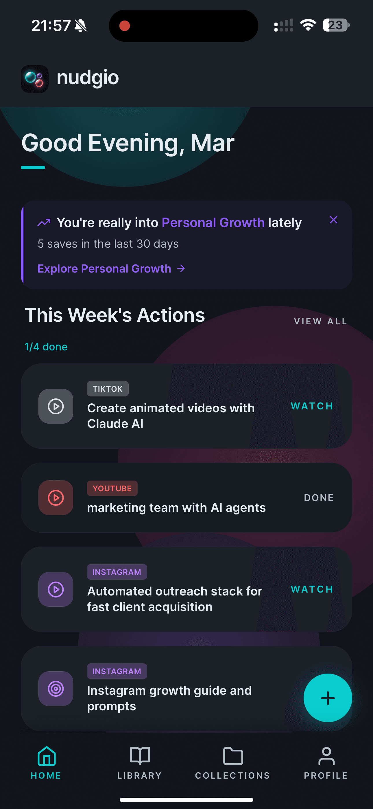 nudgio home screen showing This Week's Actions