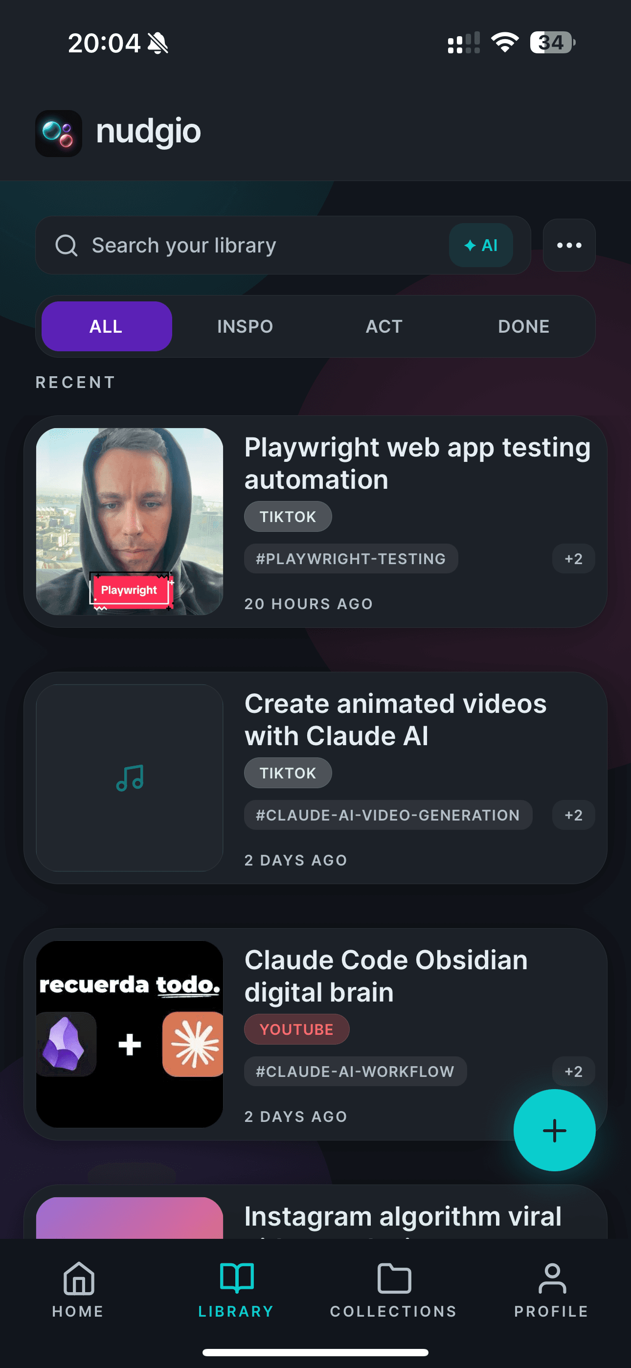 nudgio library with saves filtered by category